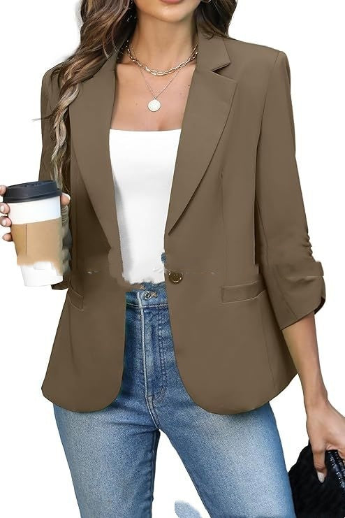 Solid Color Lightweight Slim Suit Jacket Brown - D&A