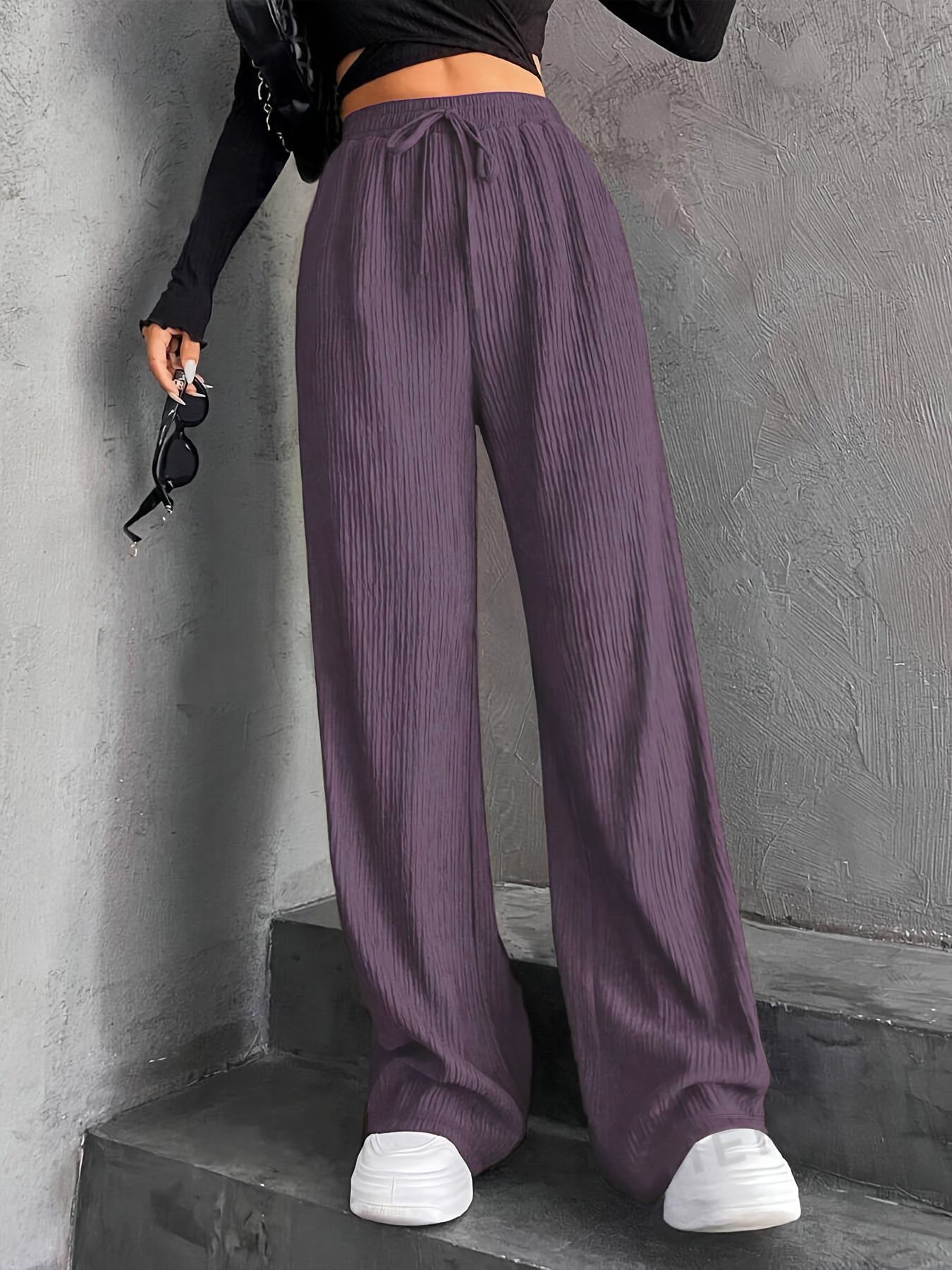 New Women's Elastic Waist Pinstripe Road Straight Wide Leg Purple - D&A