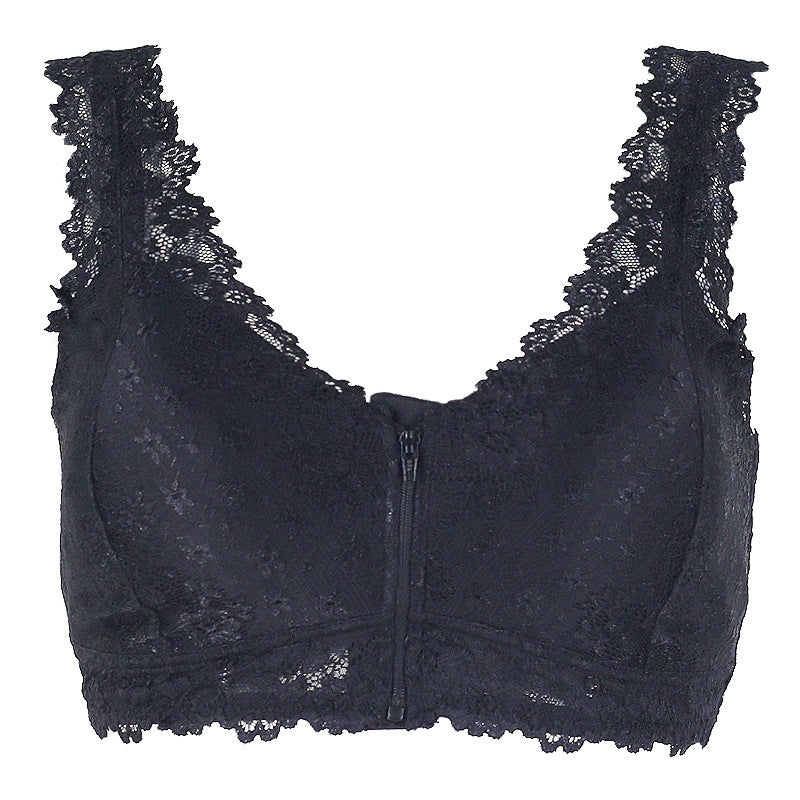 Cross-border Front Buckle Bra Front Zipper Sexy Lace Bra Vest Bra Upper Support Thin Underwear Black - D&A