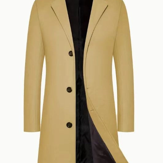 Men's Casual Extended Above The Knee Woolen Trench Coat Khaki - D&A