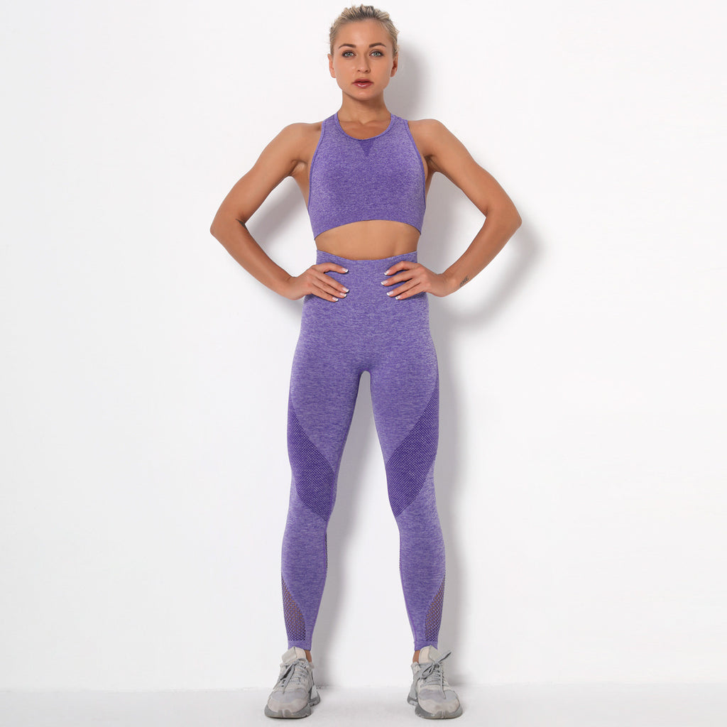 Back Quick Dry Sports Yoga Bra Fitness Bra Pants Set Purple - D&A