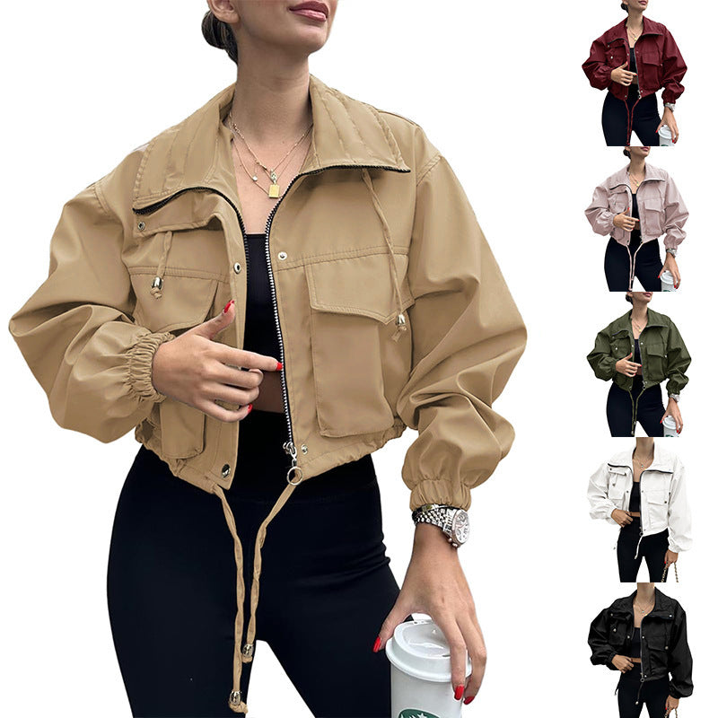 Solid Color Women's Short Jacket Zipper Trench Coat - D&A