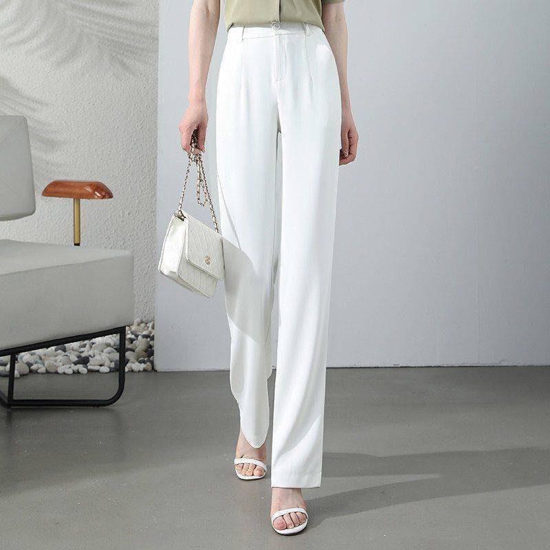 High Waist Drooping Slimming And Straight Ice Silk Women's Casual Suit Pants White - D&A
