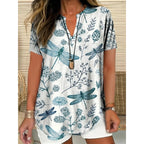 3D Printed Women's Spring And Summer Loose V-neck Short Sleeve Top - D&A