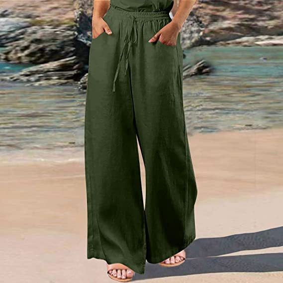 Loose Cotton And Linen Wide Leg Pants Army Green - D&A