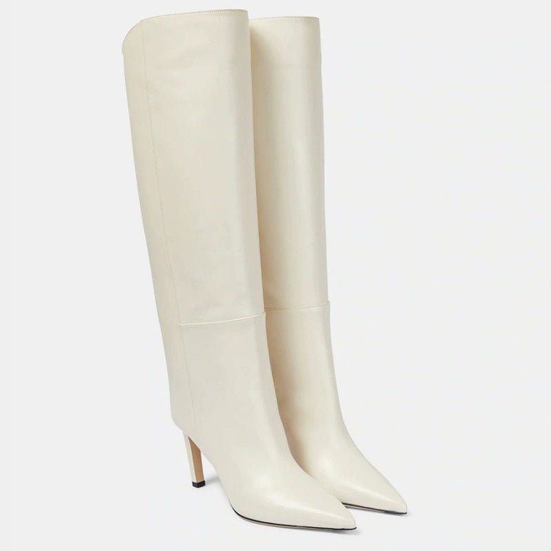 Simple European And American Style Fashion Catwalk Pointed-toe Stiletto Straight Boots Beige Leather Surface - D&A