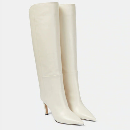 Simple European And American Style Fashion Catwalk Pointed-toe Stiletto Straight Boots Beige Leather Surface - D&A