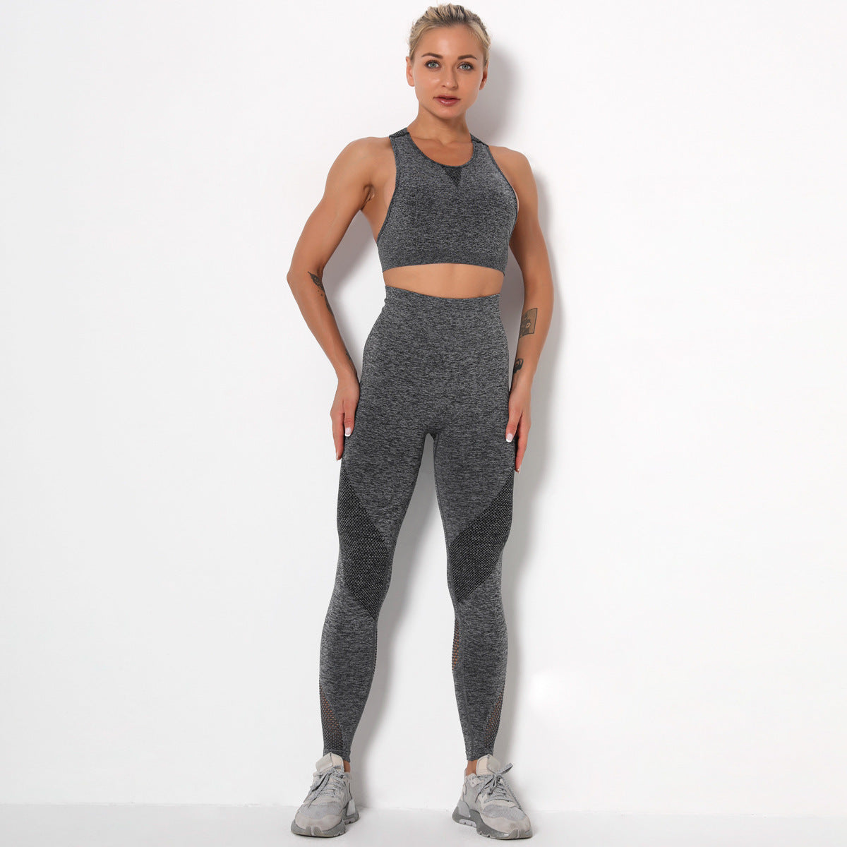 Back Quick Dry Sports Yoga Bra Fitness Bra Pants Set Dark Grey - D&A