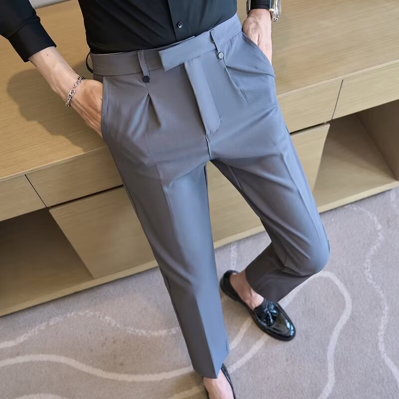High Waist Straight Double Pleated Casual Suit Pants Gray - D&A