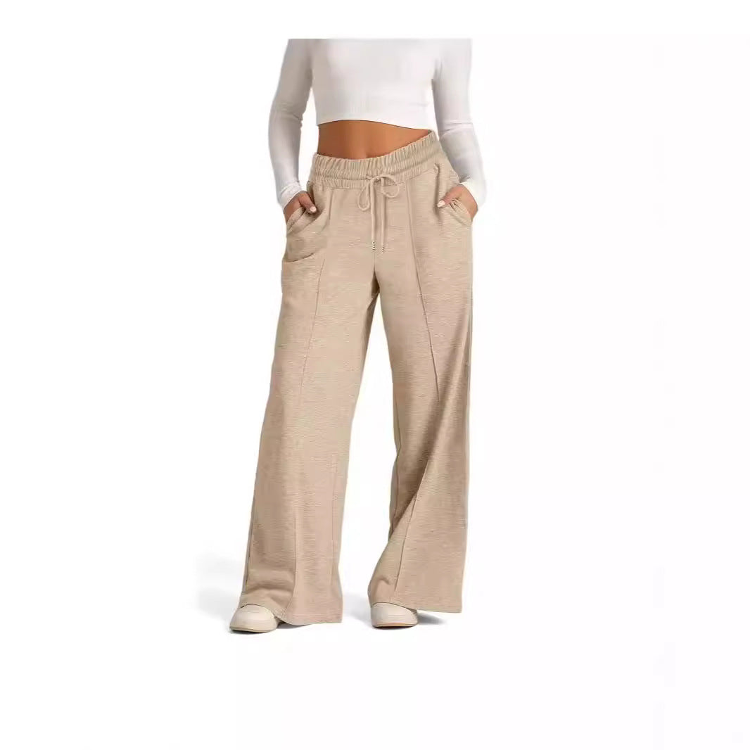 Women's Lace-up Solid Color Waist Tight Fashion Wide-leg Casual Pants - D&A