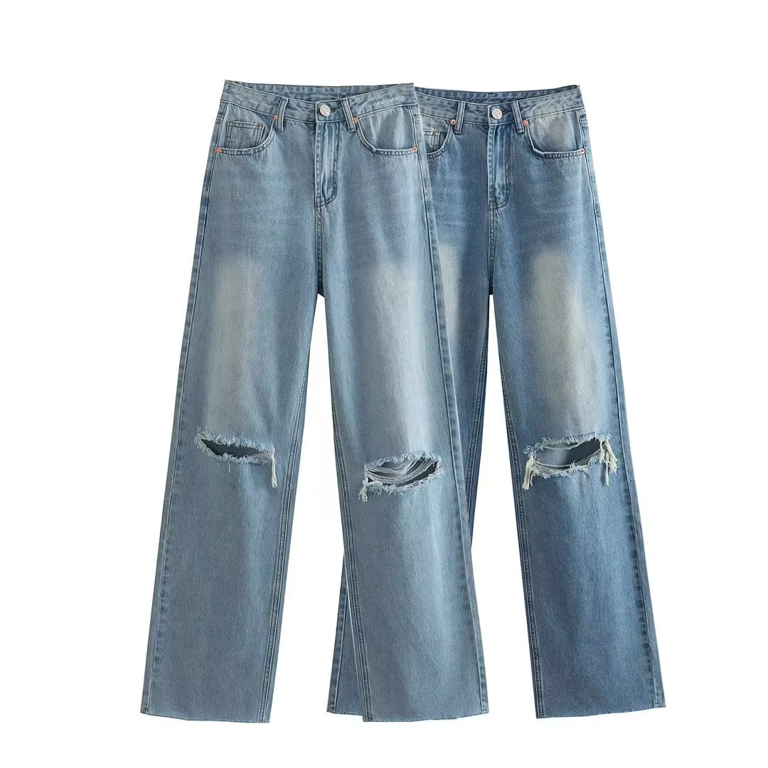 Spring And Summer Women's Perforated Hole Decoration High Waist Wide Leg Jeans - D&A