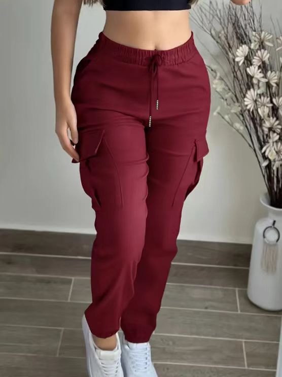 Mountaineering Fashion Drawstring Women's Leisure Cargo Trousers Red - D&A