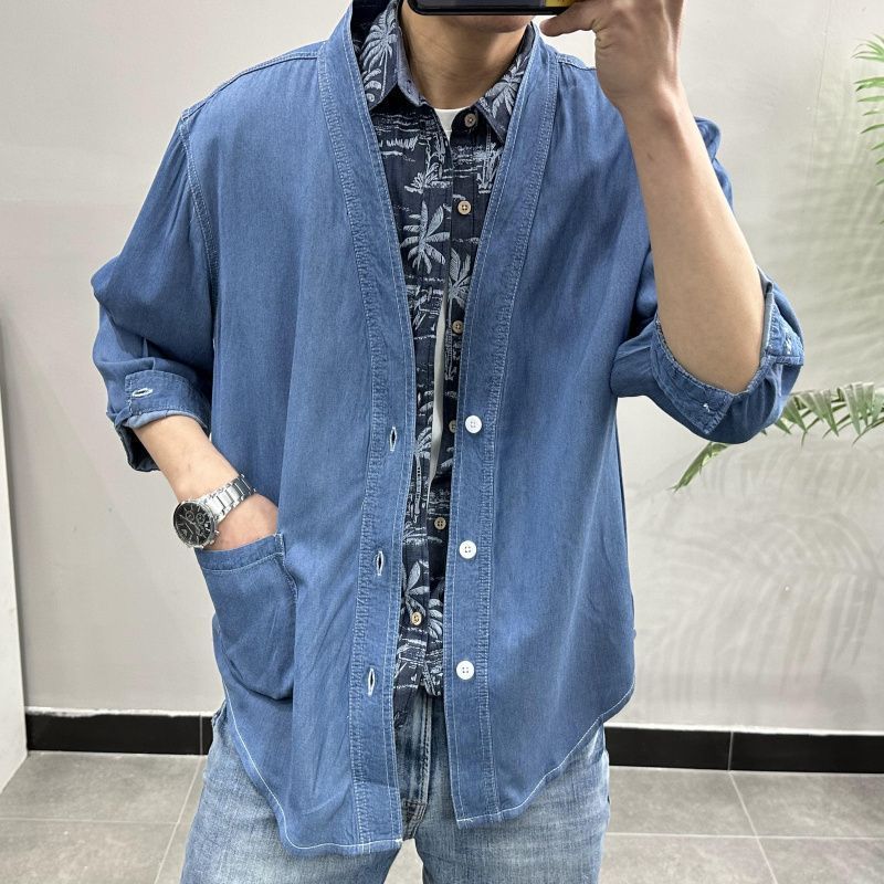 Men Three-quarter Sleeve Trendy Loose V-neck Casual Denim Coat - D&A