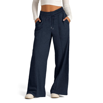 Women's Lace-up Solid Color Waist Tight Fashion Wide-leg Casual Pants Black And Blue - D&A