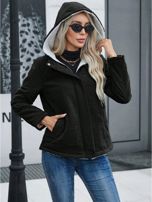 Women's Plain Zipper Front Hooded Fleece Casual Padded Padded Coat - D&A