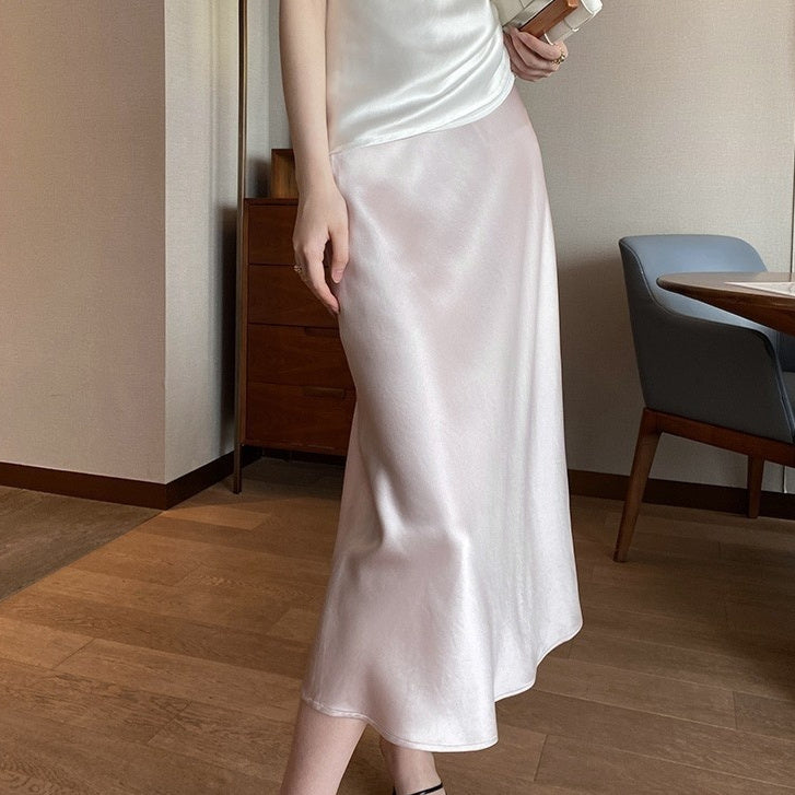 Acetate Silky Satin Women's A- Line Skirt Slimming Light Pink - D&A