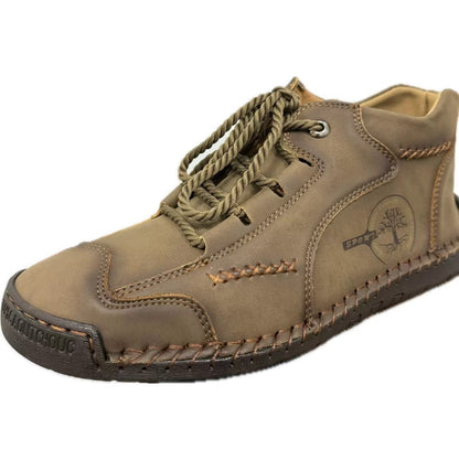 Men's Autumn Sewing High-top Leather Flat Outdoor Work Clothes Casual Shoes 9932 Khaki Bags - D&A