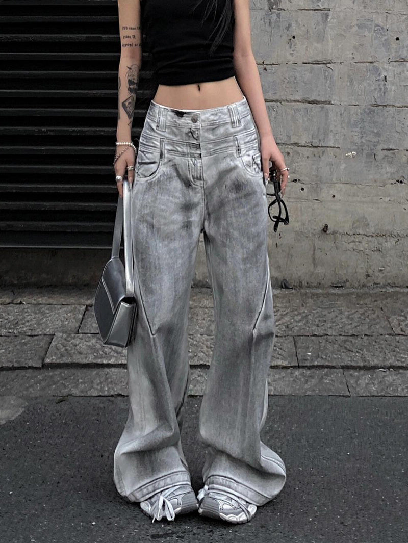 Women's Retro Straight Jeans With Old And Dirty Design - D&A