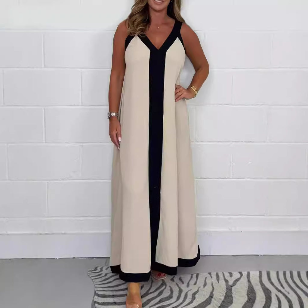 Casual Loose Contrast Color V-neck Sleeveless Long Dress - D&A