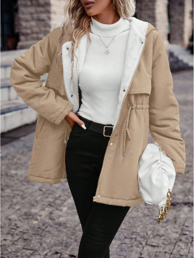 Drawstring Waist Hooded Plush Lined Parka Coat - D&A