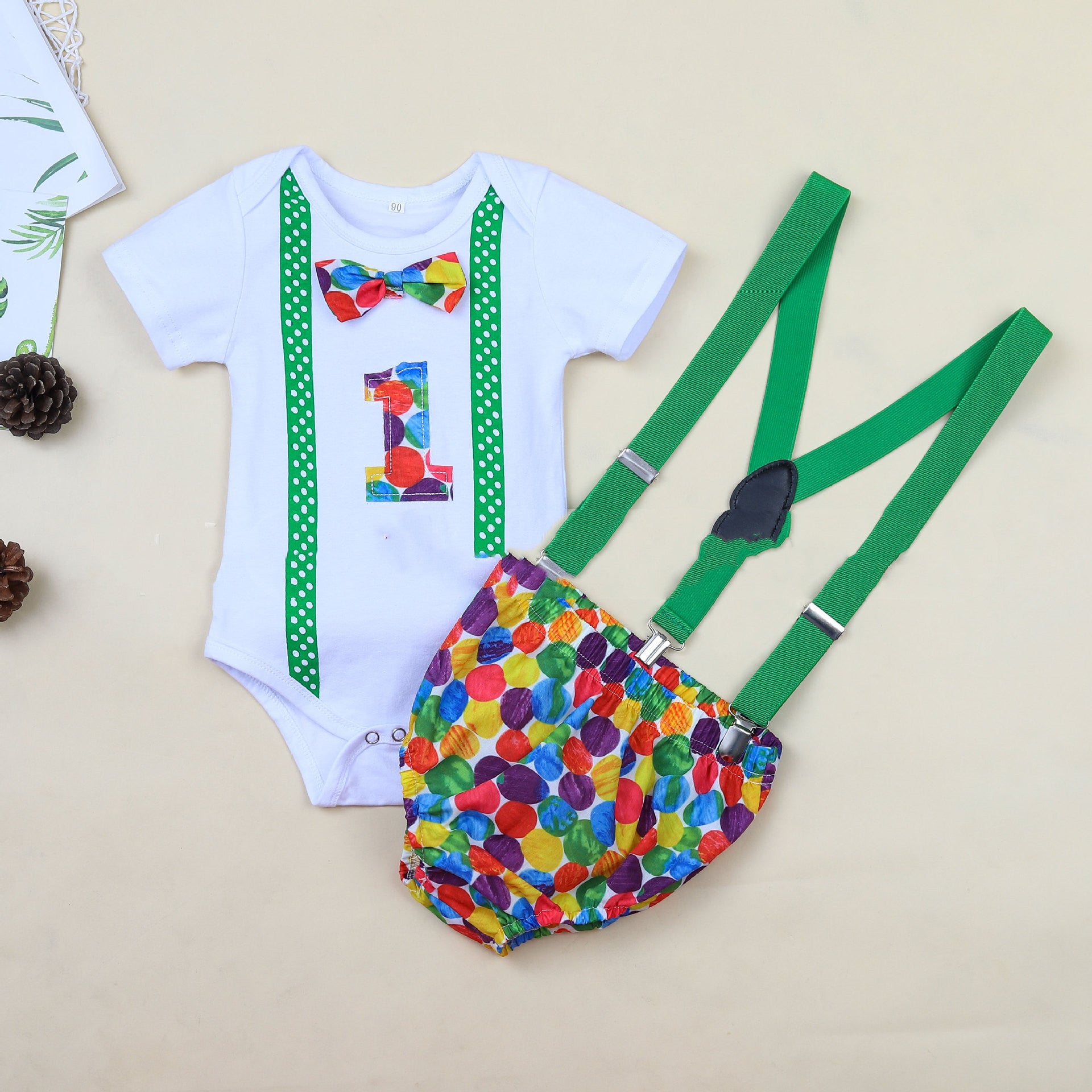 Children's Clothing Summer Clothing Baby Romper Birthday Polka dot green - D&A