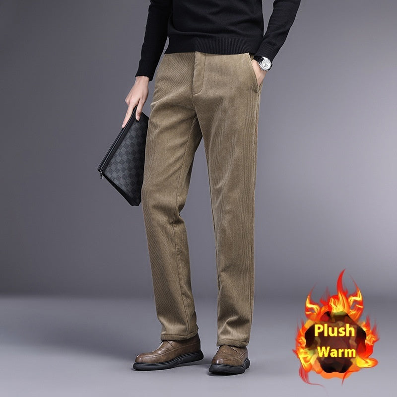 British Retro Middle-aged And Elderly Striped Pants Khaki With Velvet Lining - D&A