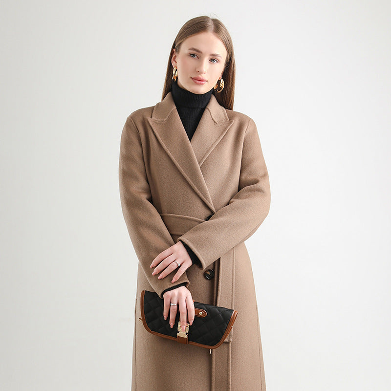 Women's Mid-length Woolen Wool Overcoat Coat Khaki - D&A