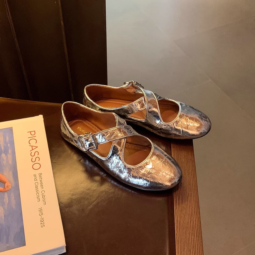 Cross Strap Silver Round Head Women's Shallow Mouth Flat Bottom Leather Shoes - D&A