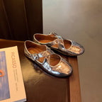 Cross Strap Silver Round Head Women's Shallow Mouth Flat Bottom Leather Shoes - D&A