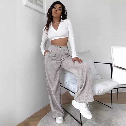 Women's High Waist Casual Pants Solid Color Corduroy Baggy Straight Trousers - D&A