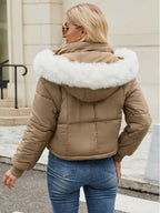 Women's Chic Mint Green Puffer Jacket With Faux Fur Trim Hood - D&A