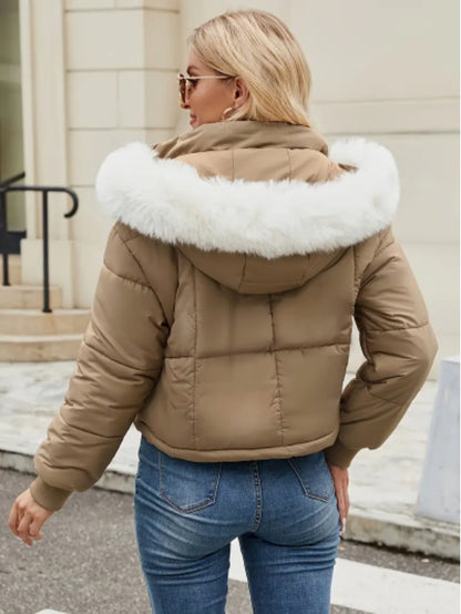 Women's Chic Mint Green Puffer Jacket With Faux Fur Trim Hood - D&A