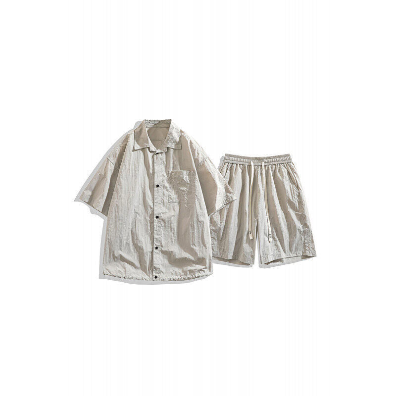 Men's Loose Shorts Casual Shirt Hemp Light Breathable Non-stick Two-piece Set Light Gray - D&A