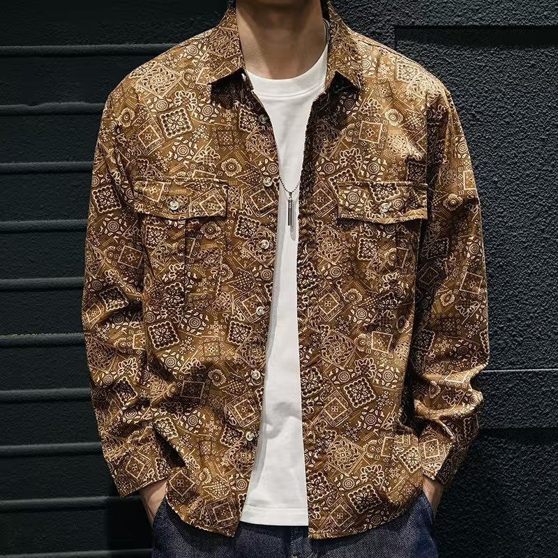 Social Style Denim Printing Men's Lapel Casual Shirt Brown - D&A