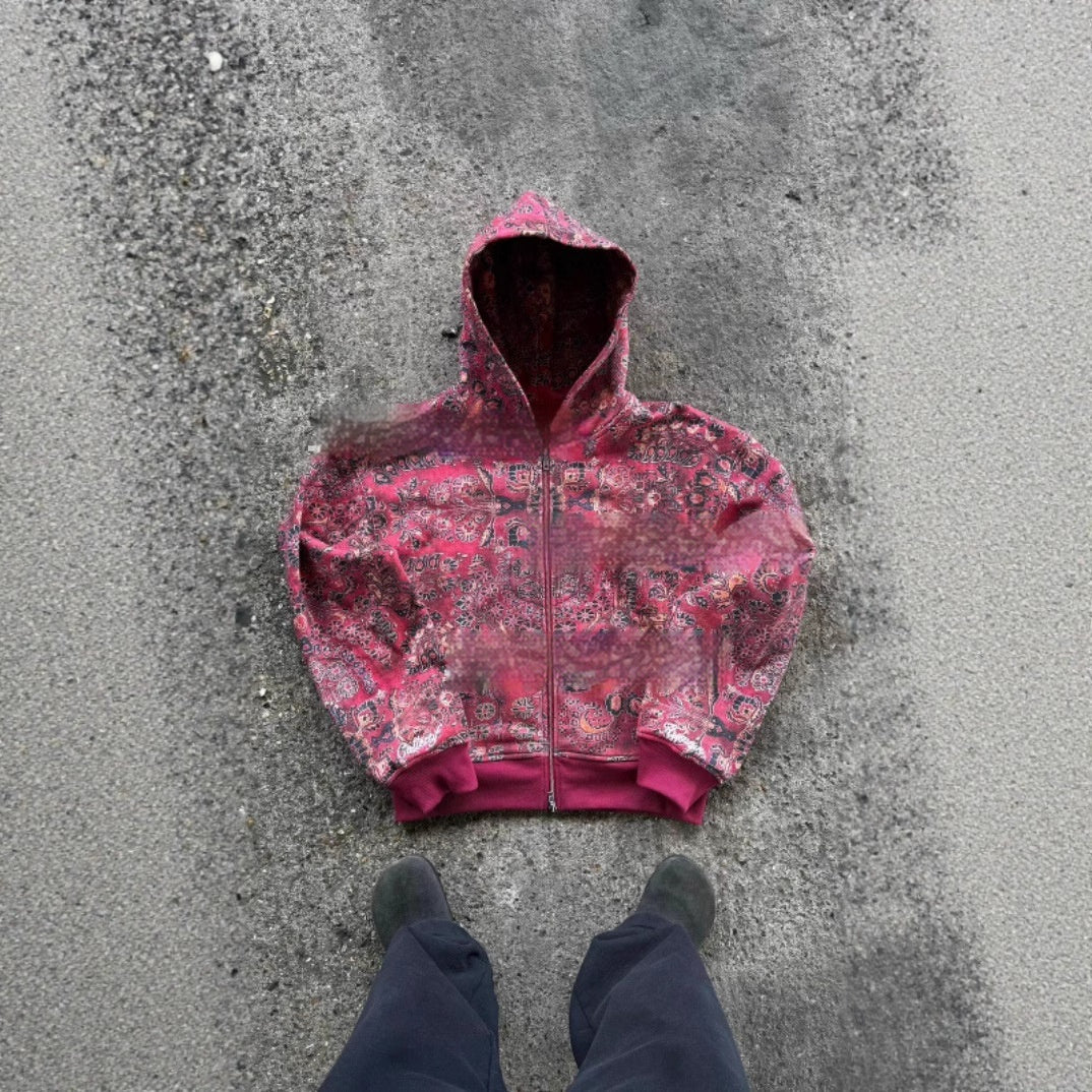 Hooded Loose Zip Hooded Coat Red - D&A