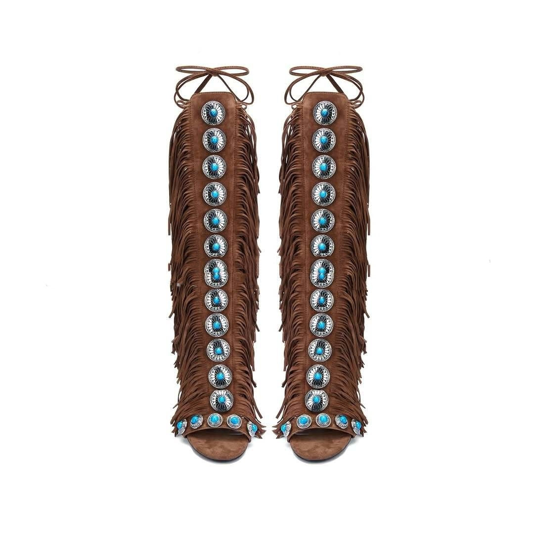 European And American Flowing Comb Beauty High Heel Sandal Boots Strap Plus Size Yellowish Brown 35 - D&A