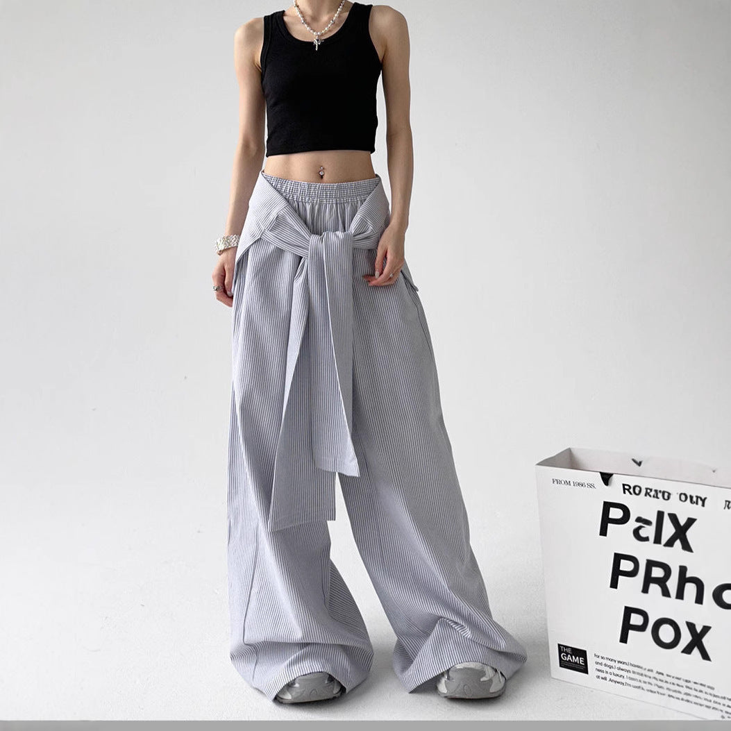 Lace-up Loose Straight Striped Wide-leg Pants Design Sense - D&A