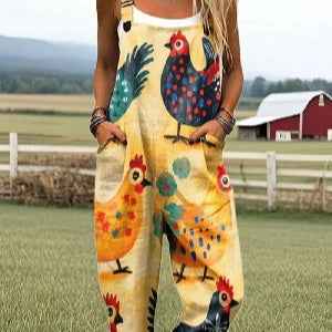 Women's Summer Digital Printing Button Casual Suspender Trousers