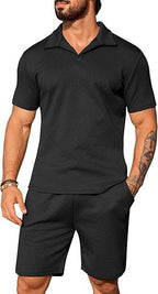 Men's Casual Solid Color Polo Short Oversleeves Black - D&A