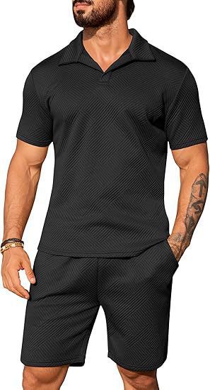 Men's Casual Solid Color Polo Short Oversleeves Black - D&A