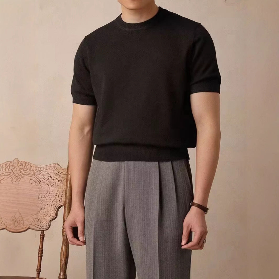 Round Neck Short Sleeve Knitted T-shirt Black - D&A