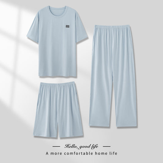 Men's Pajamas Thin Spring And Summer Modal Short-sleeved Trousers Three-piece Home Wear Suit - D&A