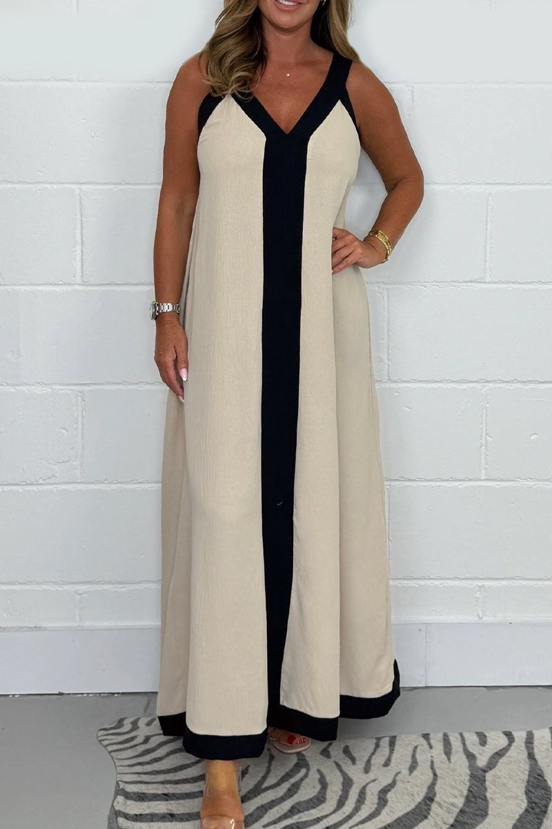 Casual Loose Contrast Color V-neck Sleeveless Long Dress Beige - D&A