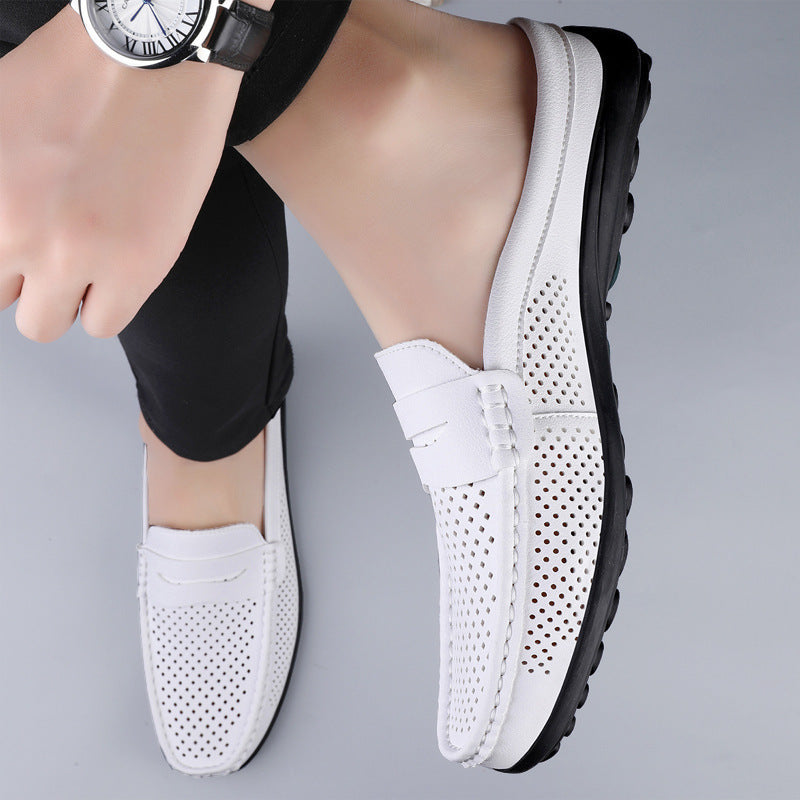 Casual Hollow Leather Shoes Breathable Half Slippers - D&A