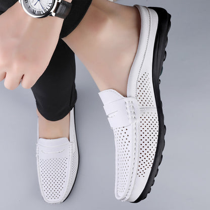 Casual Hollow Leather Shoes Breathable Half Slippers - D&A