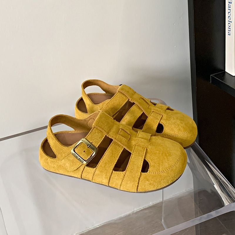 Retro Closed Toe Sandals Two-way Hollow-out Half Slippers Yellow - D&A