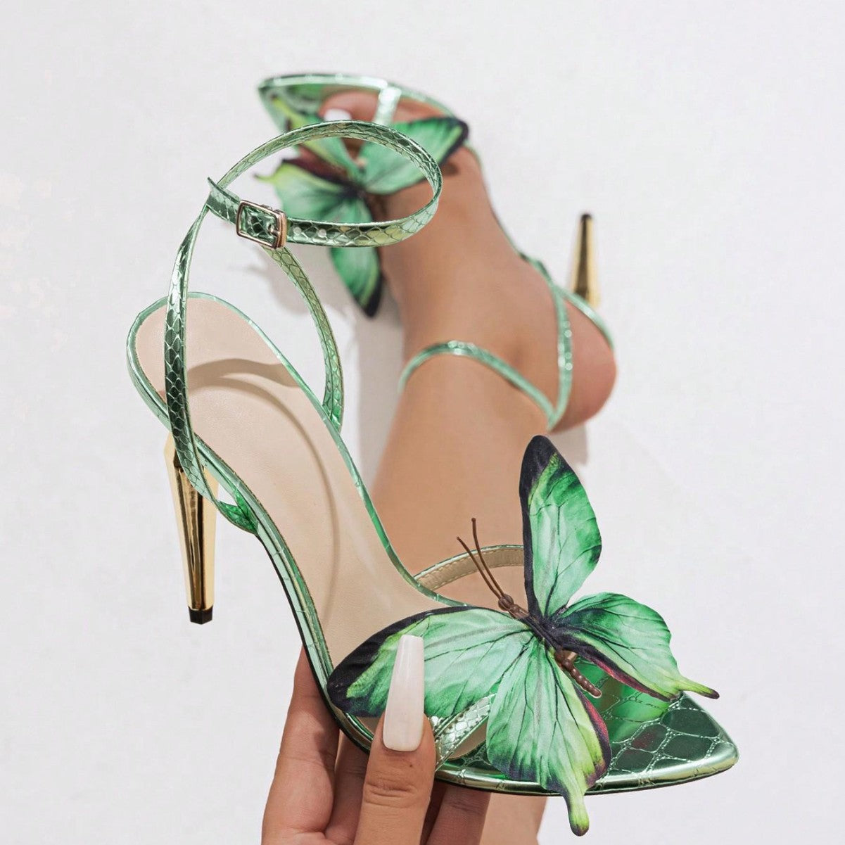 Women's Three-dimensional Butterfly Decorative Electroplated Stiletto Heel Sandals - D&A