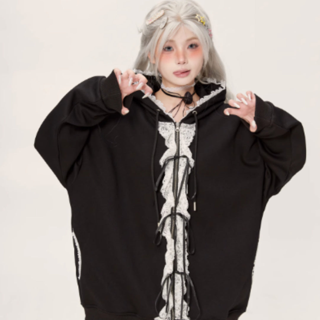 Lace Lace Zipper Gray Hoodie Jacket For Women - D&A