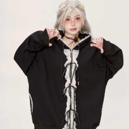 Lace Lace Zipper Gray Hoodie Jacket For Women - D&A