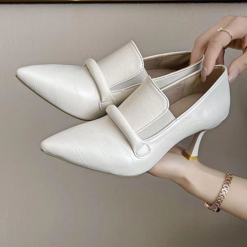 Soft Leather 7cm Women's Stiletto Heel High Heel Shoes Beige White - D&A